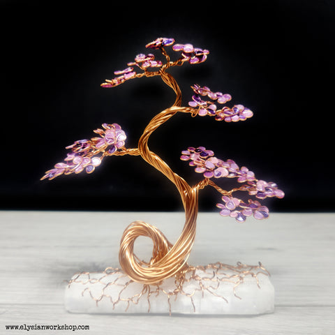 Medium Copper Wire Bonsai Tree on Selenite Crystal - Violet Cherry Blossom Fall Japan Japanese Art Decor Sculpture Metal Bonsai Art