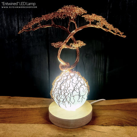 USB LED Lamp Copper Wire Entwined Bonsai Tree on Selenite Sculpture