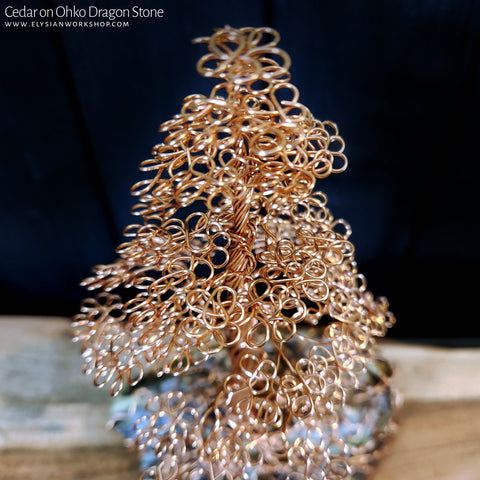 Handmade Copper Wire True North Redwood Cedar Tree Sculpture on Ohko Dragon Stone