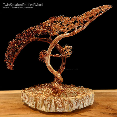 Twin Spiral Copper Wire Bonsai Tree Sculpture on Petrified Wood