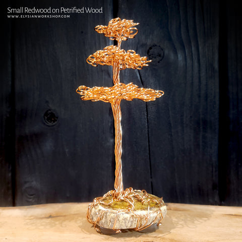 Wire Copper Redwood Tree Sculpture on Petrified Wood