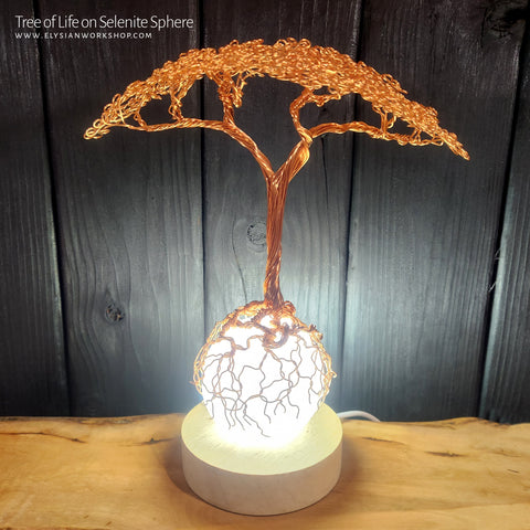 USB LED Lamp Copper Wire Tree of Life on Selenite Sphere