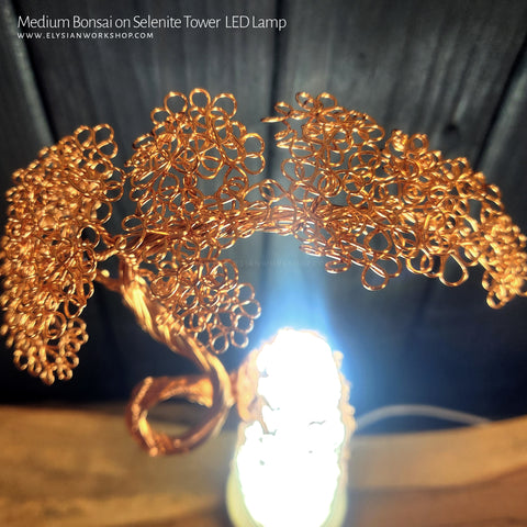 USB LED Lamp Copper Wire Bonsai Tree on White Selenite Tower Crystal - Medium