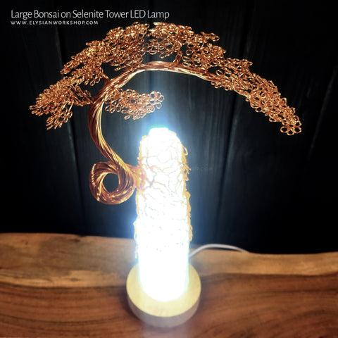 USB LED Lamp Copper Wire Bonsai Tree on White Selenite Tower Crystal - Large