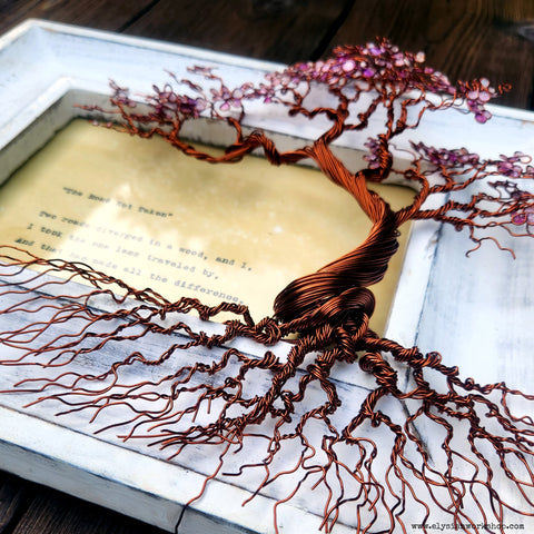 Cherry Blossom Wire Bonsai Tree Sculpture with The Road Not Taken by Robert Frost Hand Typed and Aged Page in Frame