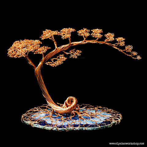 Handmade Large Copper Wire Cascade Bonsai Tree Sculpture on Blue Agate Crystal