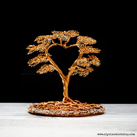Copper Wire Heart Bonsai Tree Sculpture on Agate Crystal