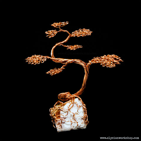 Mini Copper Wire Bonsai Tree on Rough White Jasper Crystal