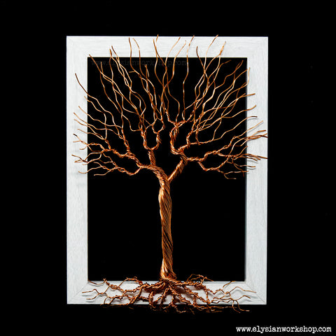 Copper Wire Tree  Sculpture in White Wood Picture Frame