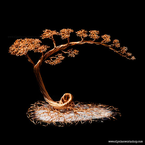 Handmade Large Copper Wire Cascade Bonsai Tree Sculpture on Grey Agate Crystal