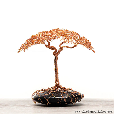 Copper Wire Protection Umbrella Bonsai Tree Sculpture on Obsidian Stone