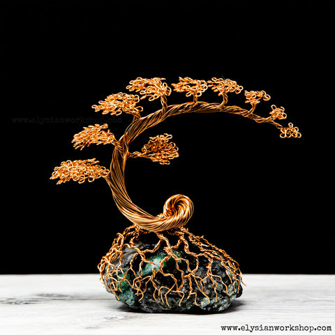 Copper Wire Cascade Bonsai Tree Sculpture on Emerald Matrix