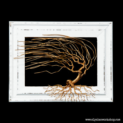Wind Swept Copper Wire Tree in Wood Picture Frame