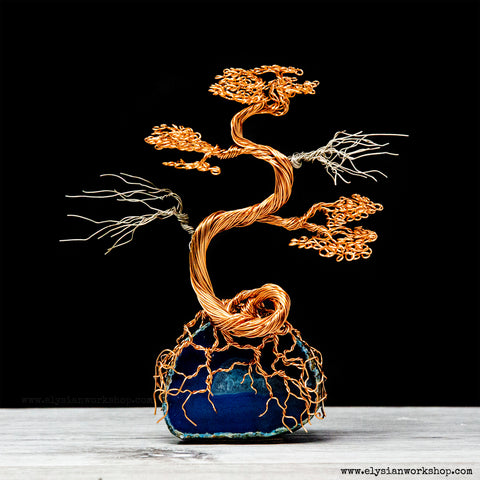Copper  and Tinned Copper Silver Wire Bonsai Tree Blue Agate Geode Crystal