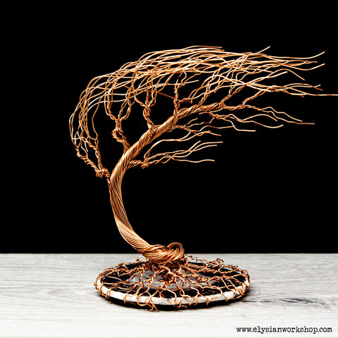 Handmade Copper Wire Cascade Windswept Bonsai Tree Sculpture on Grey Agate Crystal.