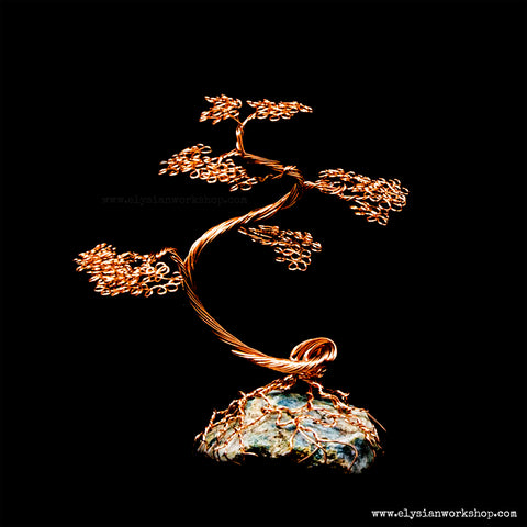 Mini Copper Wire Bonsai Tree on Rough Moss Agate Crystal