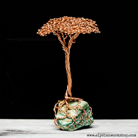Mini Handmade Copper Wire Bonsai Tree on Aventurine Crystal
