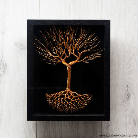 Floating Copper Wire Tree of Life Sculpture in Black Wood Frame