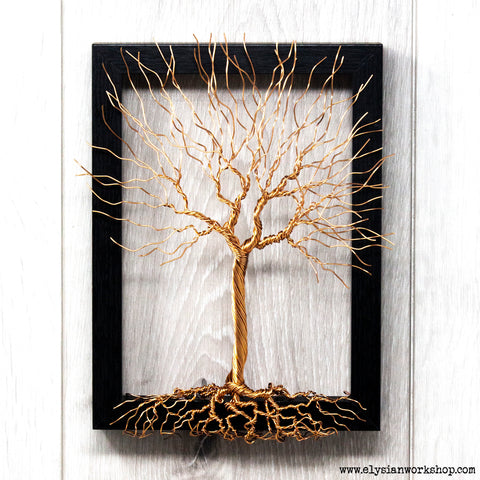 Copper Wire Tree  Sculpture in Black Wood Picture Frame