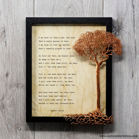 A Red Red Rose by Robert Burns Traditional Scottish Poem Hand Typed and Aged Page in Frame