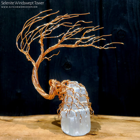 Petite Handmade Copper Wire Windswept Bonsai Tree Selenite Tower Crystal