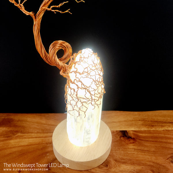 Windswept Tower Tree LED Lamp Copper Selenite Wire Bonsai Mood Night Light