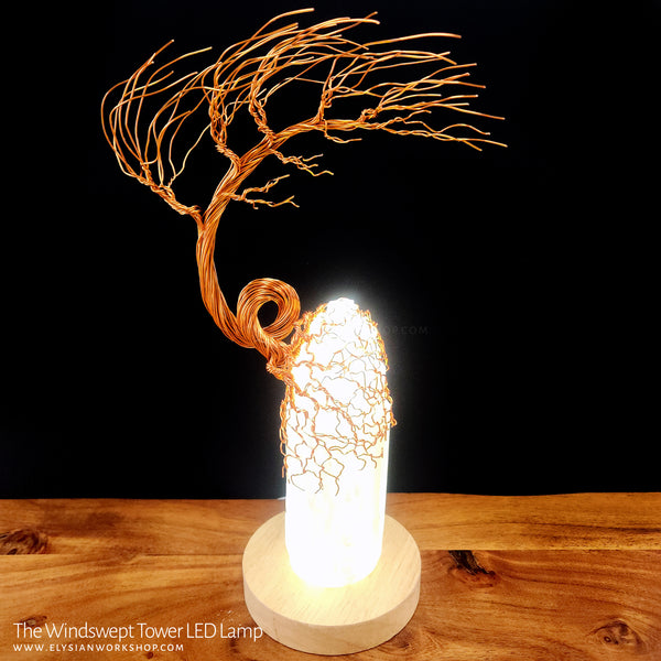 Windswept Tower Tree LED Lamp Copper Selenite Wire Bonsai Mood Night Light