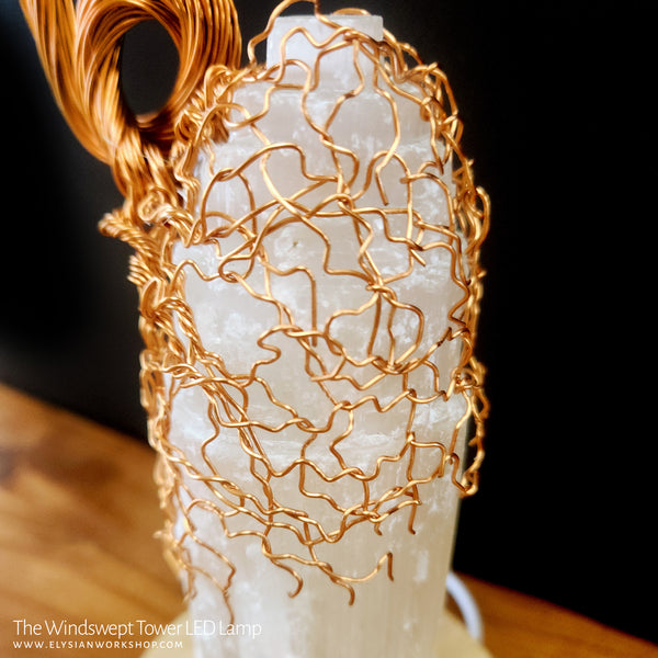 Windswept Tower Tree LED Lamp Copper Selenite Wire Bonsai Mood Night Light