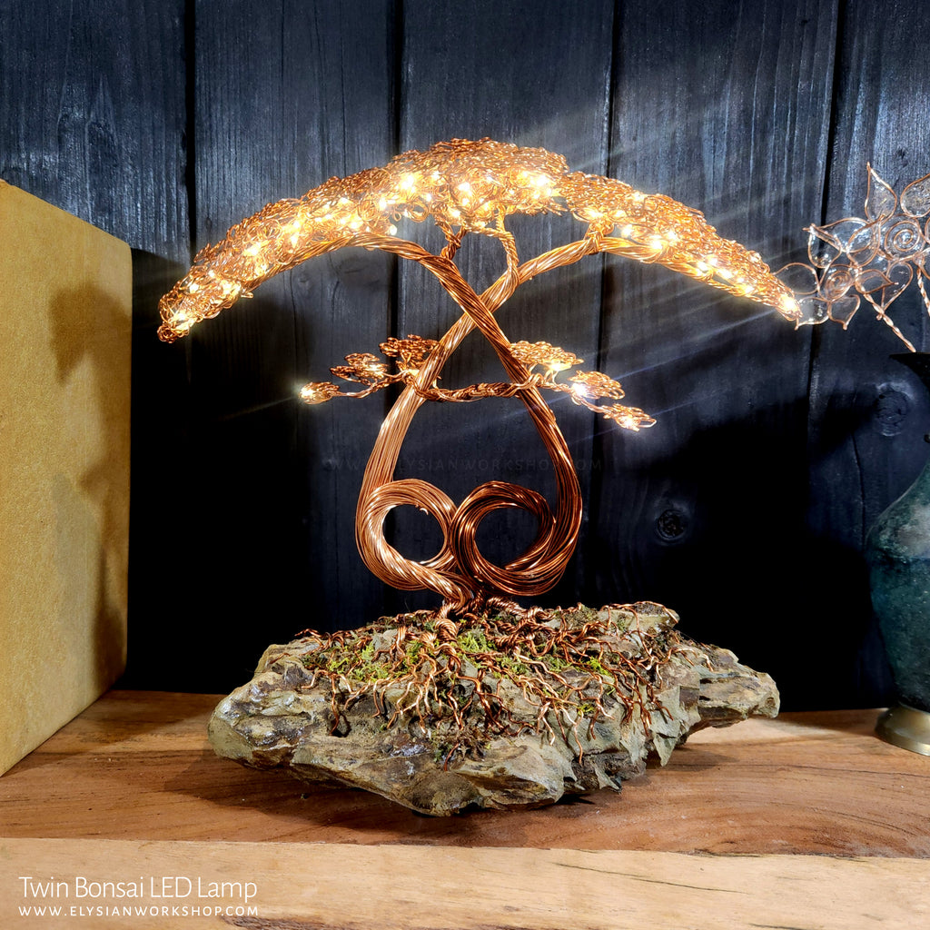 lighted bonsai tree Twin Entwined Bonsai Tree Copper Wire Tree on Ohko Dragon Stone Friendship love Tree Sculpture – Elysian Workshop