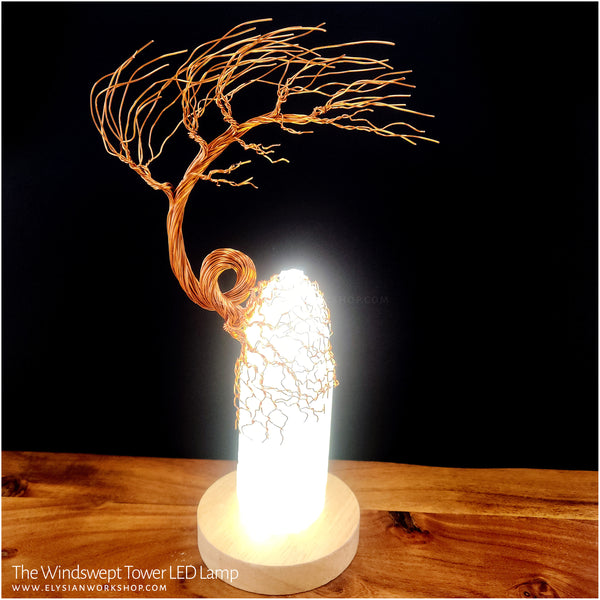 Windswept Tower Tree LED Lamp Copper Selenite Wire Bonsai Mood Night Light