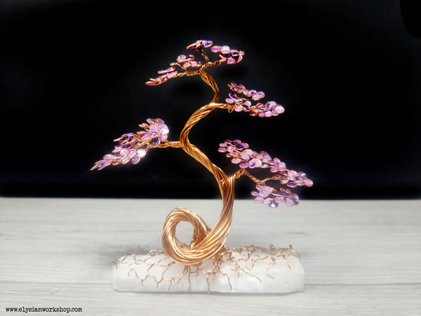 Medium Copper Wire Bonsai Tree on Selenite Crystal - Violet Cherry Blossom Fall Japan Japanese Art Decor Sculpture Metal Bonsai Art