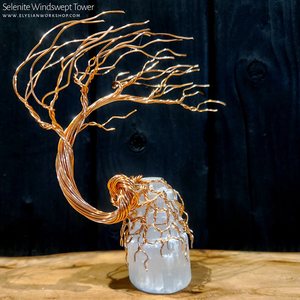 Petite Handmade Copper Wire Windswept Bonsai Tree Selenite Tower Crystal