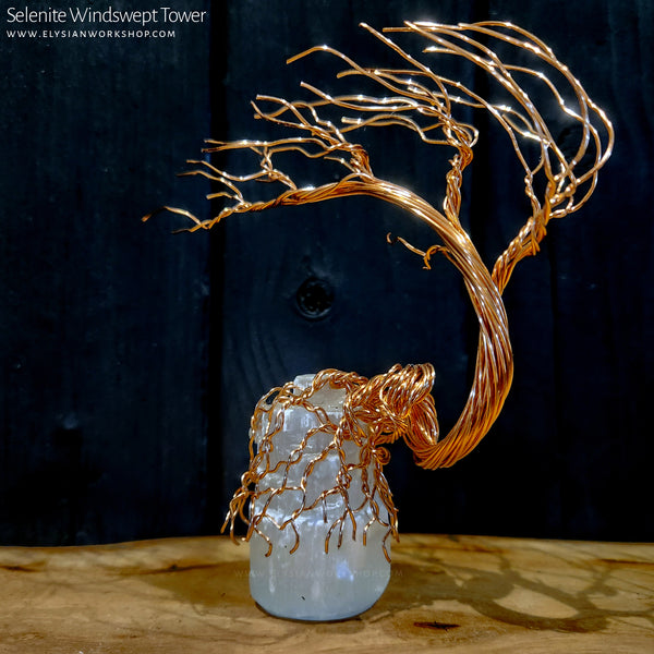 Petite Handmade Copper Wire Windswept Bonsai Tree Selenite Tower Crystal