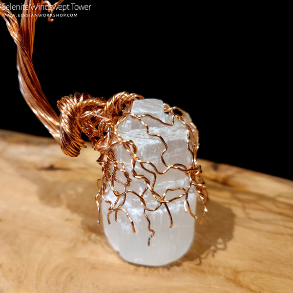 Petite Handmade Copper Wire Windswept Bonsai Tree Selenite Tower Crystal