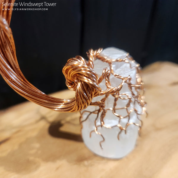 Petite Handmade Copper Wire Windswept Bonsai Tree Selenite Tower Crystal