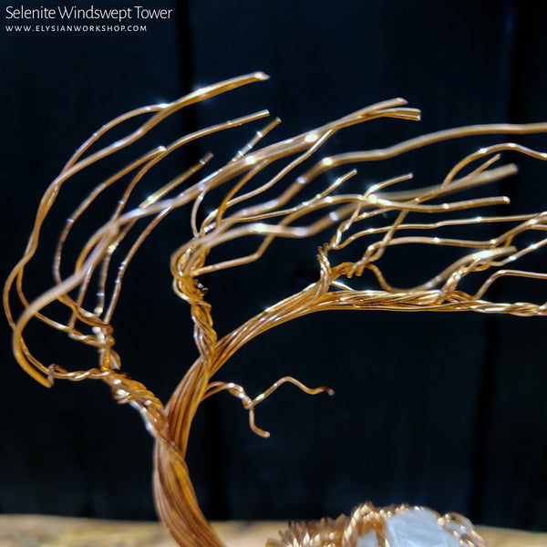 Petite Handmade Copper Wire Windswept Bonsai Tree Selenite Tower Crystal