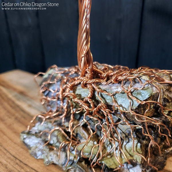 Handmade Copper Wire True North Redwood Cedar Tree Sculpture on Ohko Dragon Stone