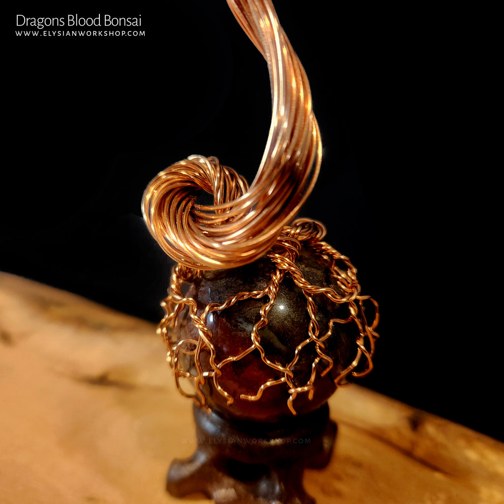 dragon's blood tree bonsai Copper Wire Bonsai Tree on Dragons Blood Sphere Crystal – Elysian Workshop