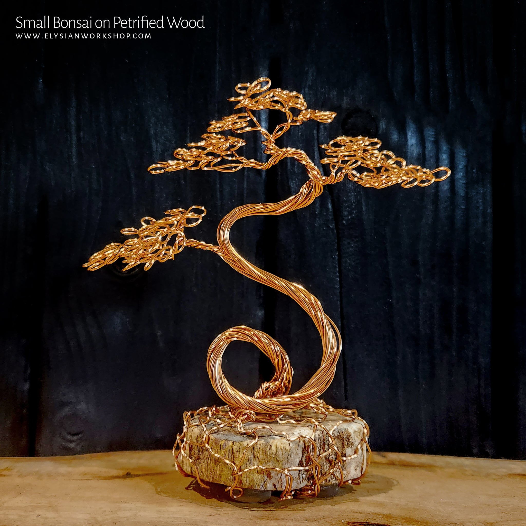 gold wire bonsai tree Copper Wire Bonsai Tree Sculpture on Petrified Wood Small – Elysian Workshop