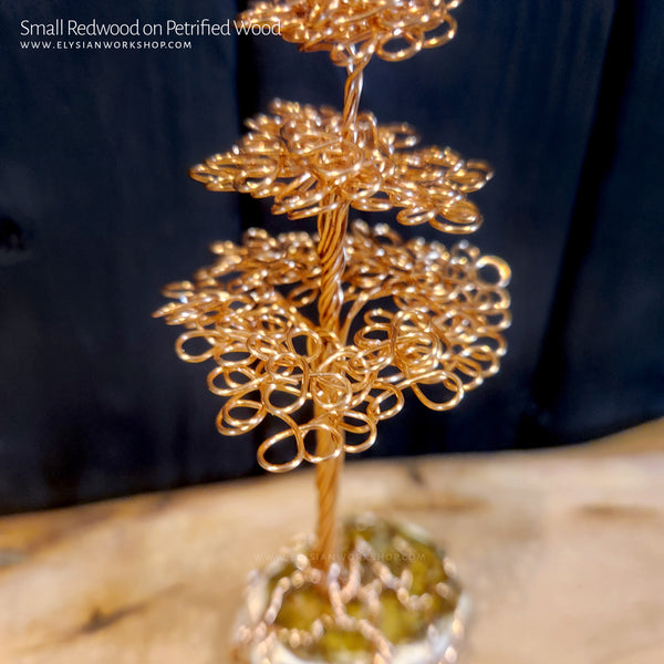 Wire Copper Redwood Tree Sculpture on Petrified Wood