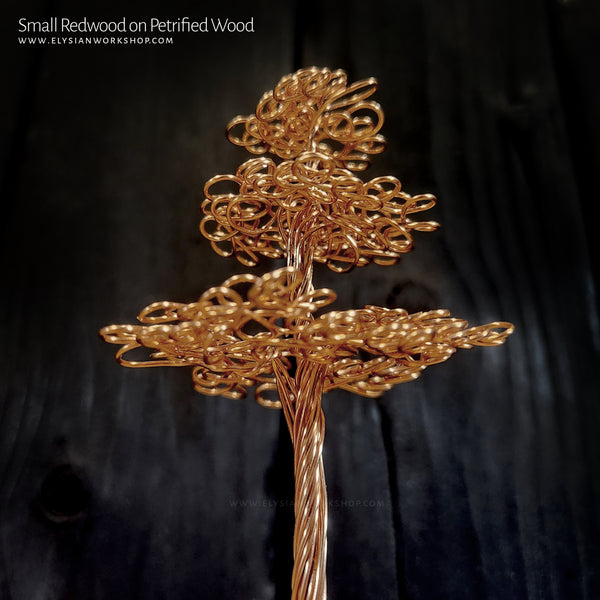 Wire Copper Redwood Tree Sculpture on Petrified Wood