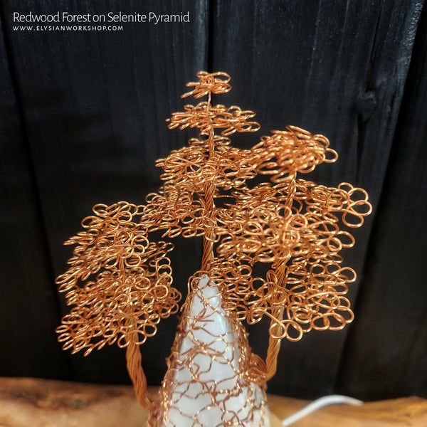 USB LED Lamp Copper Wire Pyramic Redwood Forest Tree on Selenite