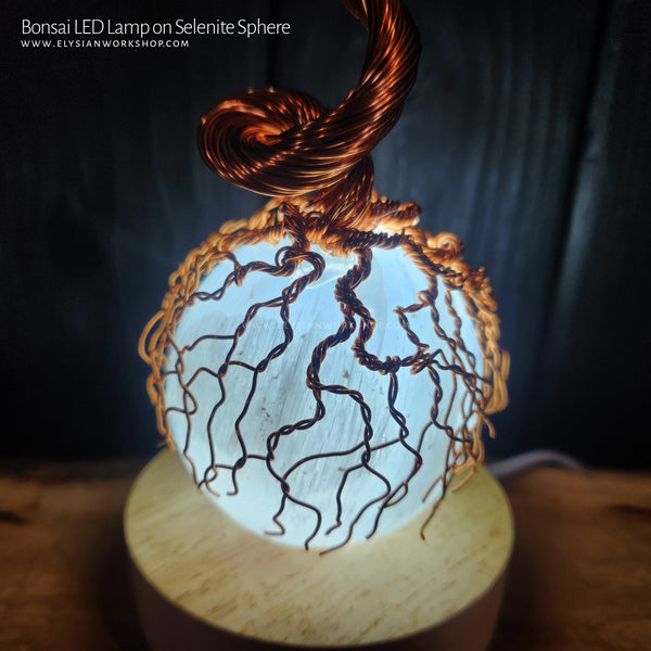 USB LED Lamp Copper Wire Bonsai Tree on Selenite Sphere