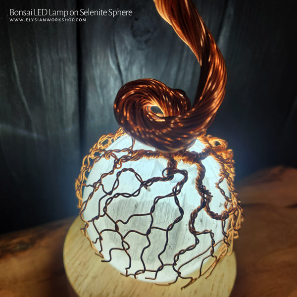 USB LED Lamp Copper Wire Bonsai Tree on Selenite Sphere