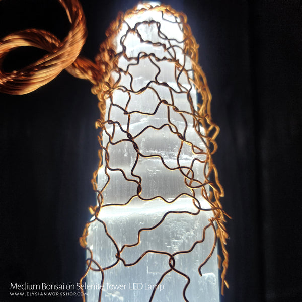 USB LED Lamp Copper Wire Bonsai Tree on White Selenite Tower Crystal - Medium