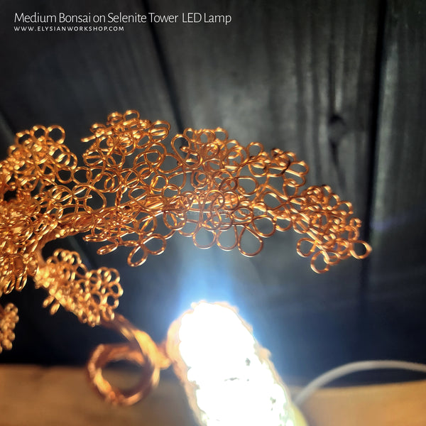 USB LED Lamp Copper Wire Bonsai Tree on White Selenite Tower Crystal - Medium