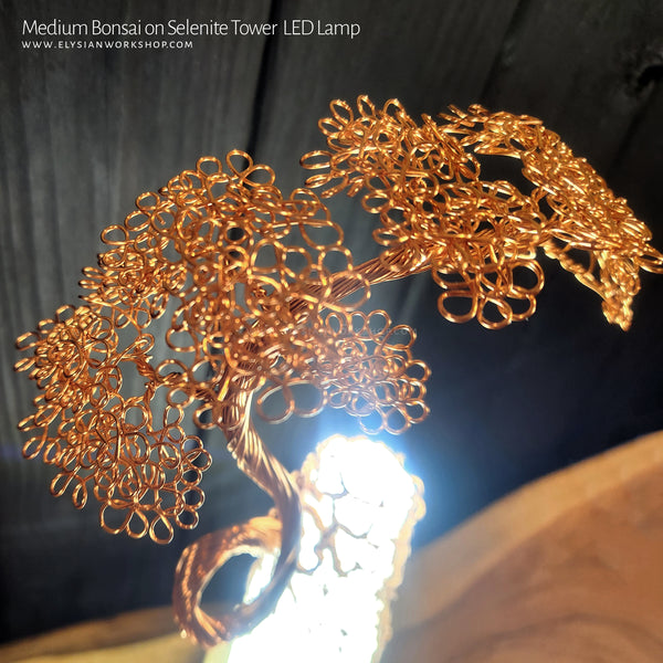 USB LED Lamp Copper Wire Bonsai Tree on White Selenite Tower Crystal - Medium