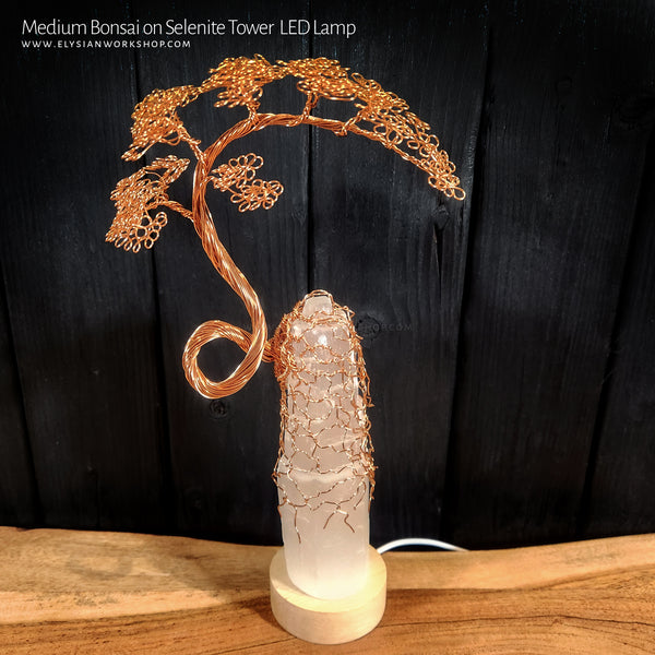 USB LED Lamp Copper Wire Bonsai Tree on White Selenite Tower Crystal - Medium