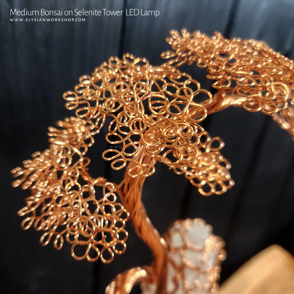 USB LED Lamp Copper Wire Bonsai Tree on White Selenite Tower Crystal - Medium