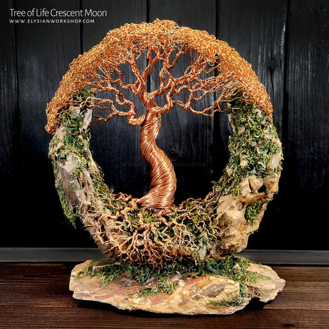 Tree of Life Crescent Moon Copper Wire Yggdrasil Tree on Ohko Dragon Stone